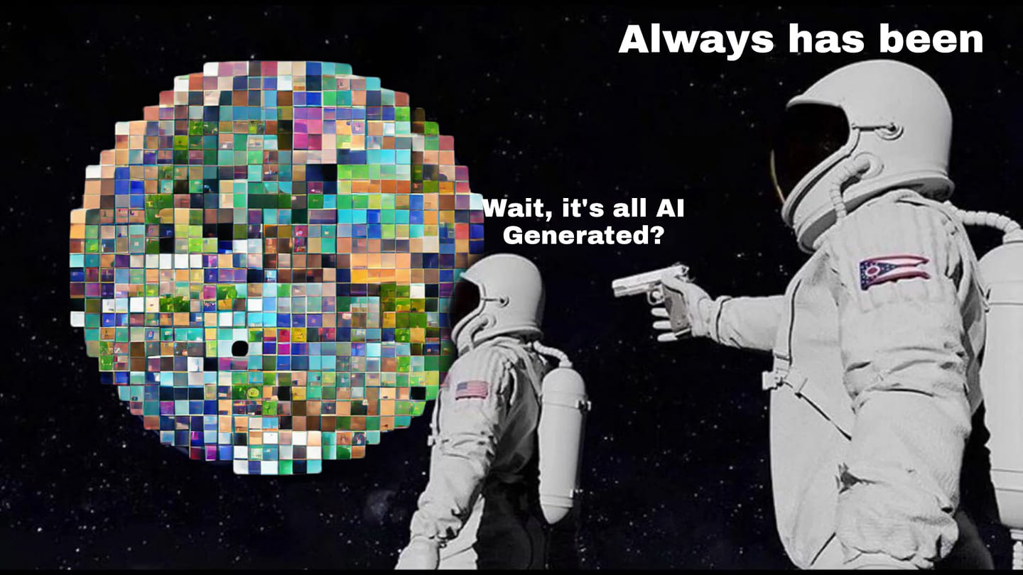 This meme features two astronauts in space, one pointing a gun at a massive, pixelated sphere. The text reads "Always has been" and "Wait, it's all AI generated?" The image is a humorous commentary on the rapid advancement of artificial intelligence and the potential for it to create and control our reality.